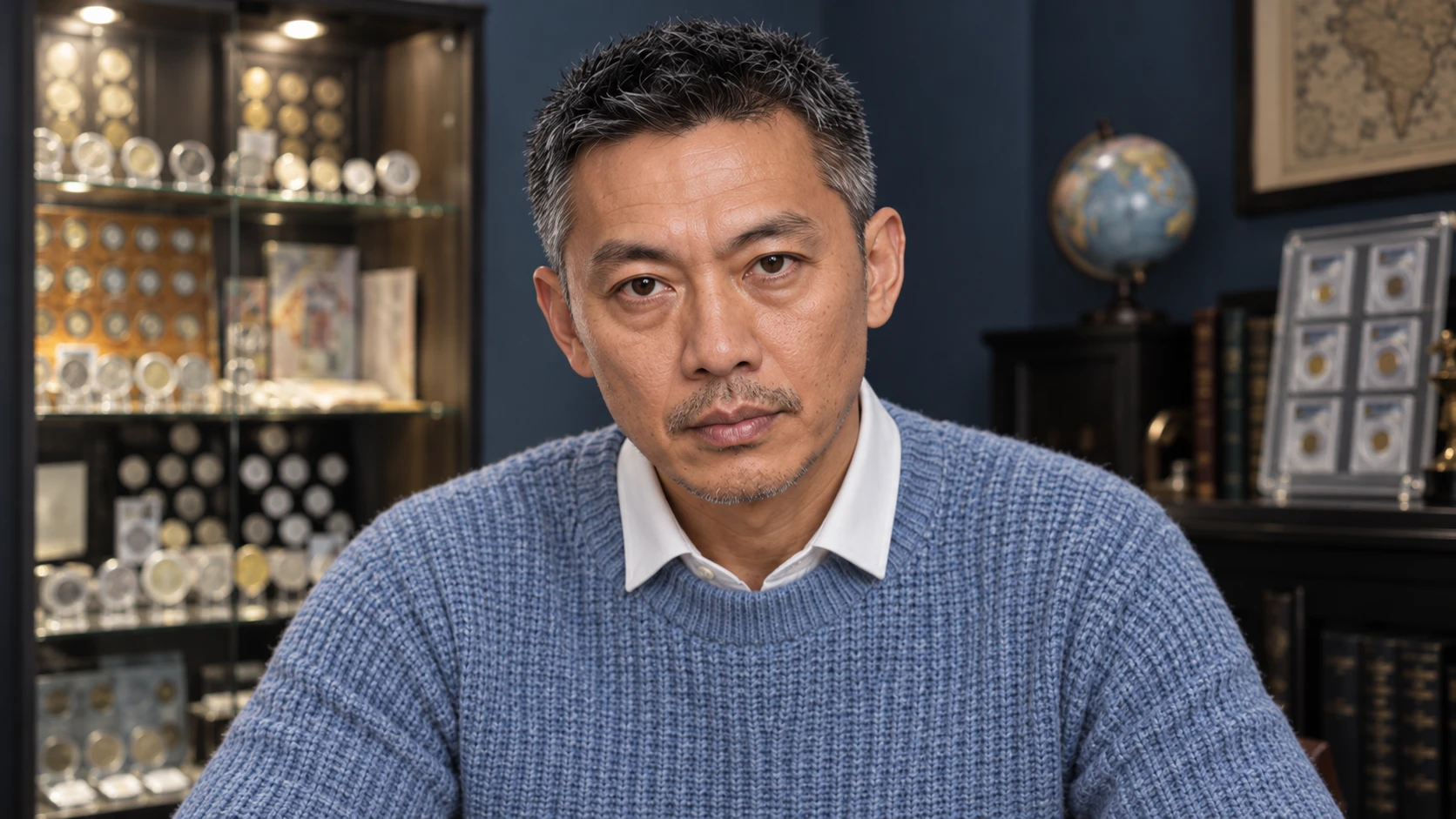 Hao Lang in his study in Sacramento, with his coin and bullion display case behind him